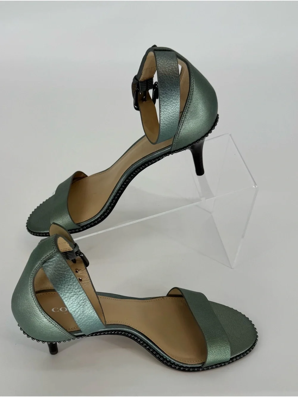 Coach Women’s Metallic Pewter Ankle-Strap Kitten Heel Sandals Size 7.5